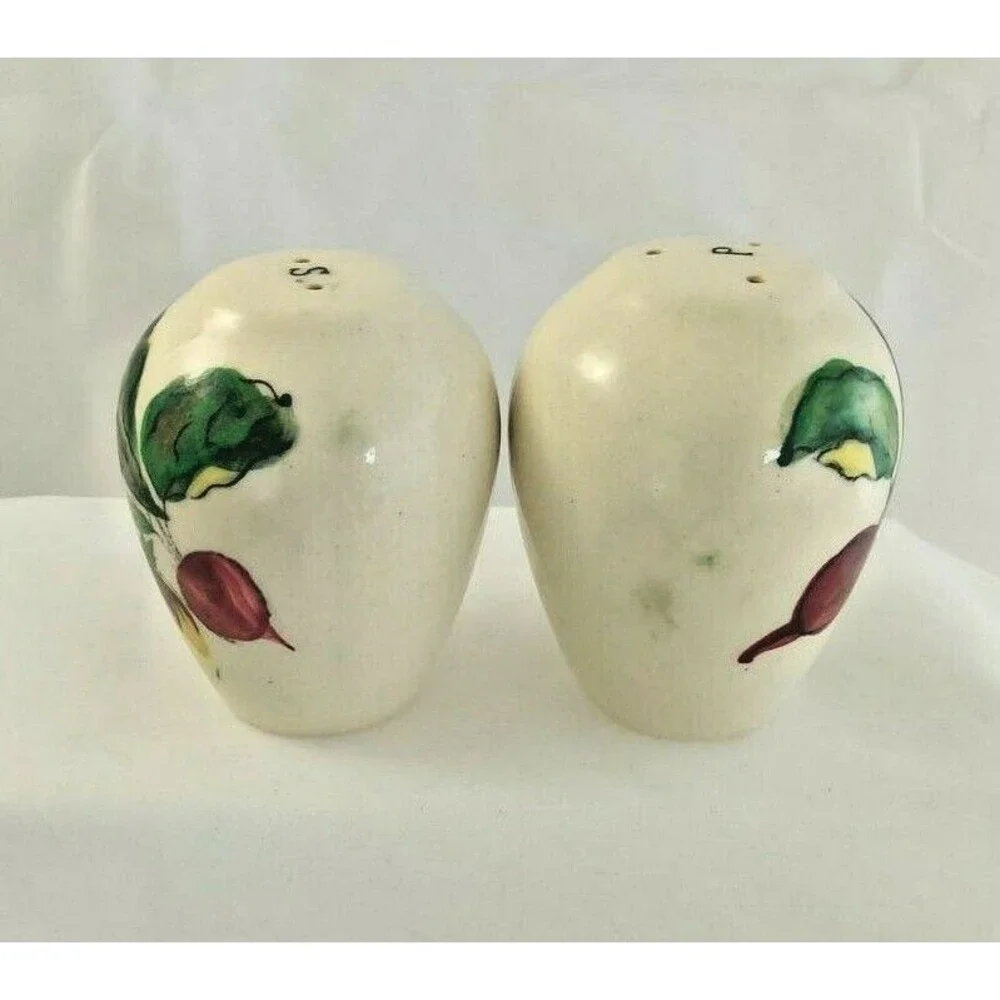 Rare Vintage Pottery Salt & Pepper Shaker Set Painted vegetables  S & P Letters